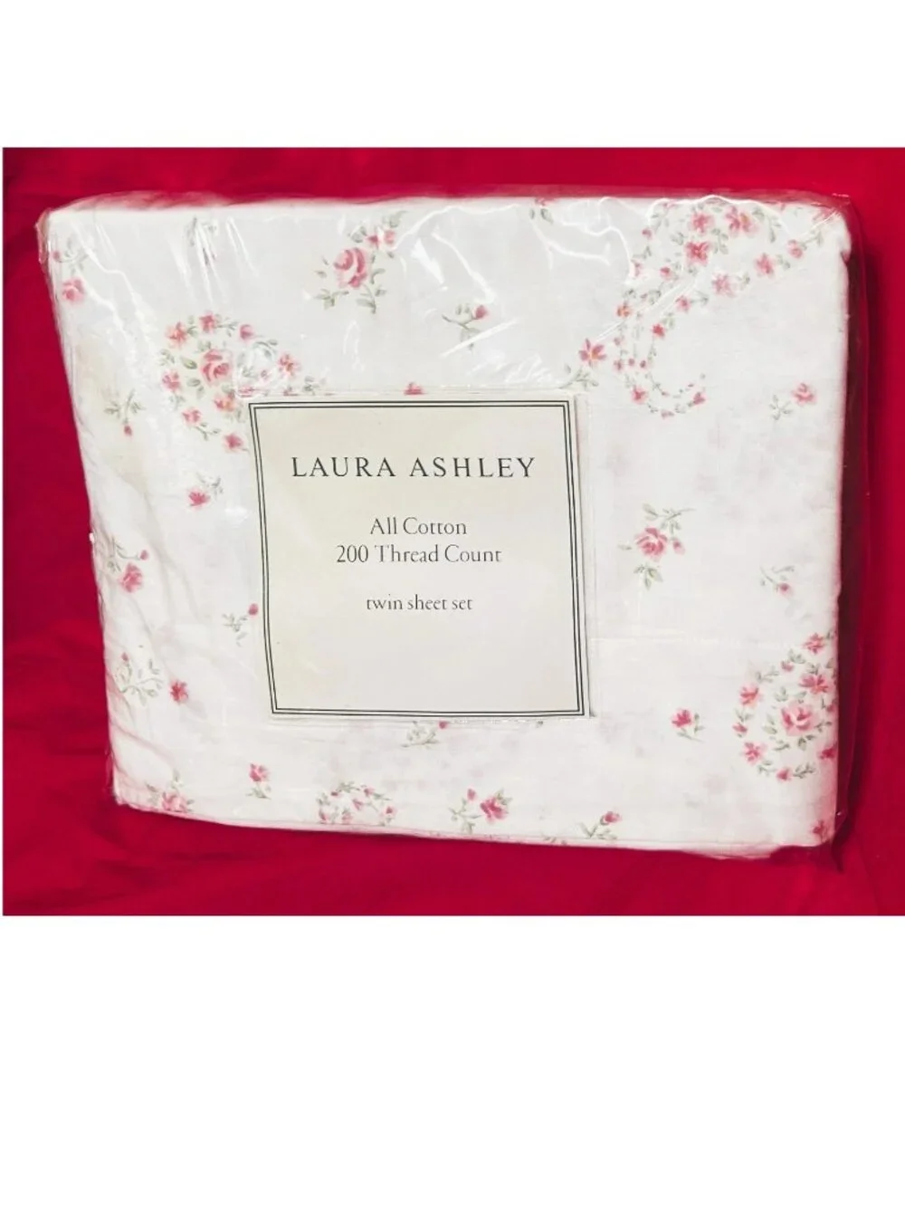 NEW~TWIN sz Sheet Set~Laura Ashley shabby chic pink/red petit roses~100% COTTON